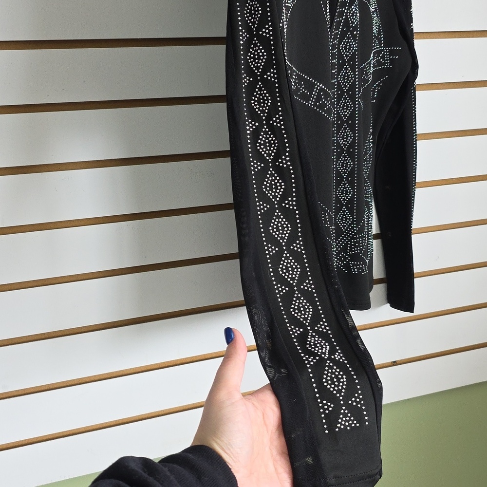 Semi Sheer Bedazzled Mock Neck Long Sleeve Top - Picture 3 of 6